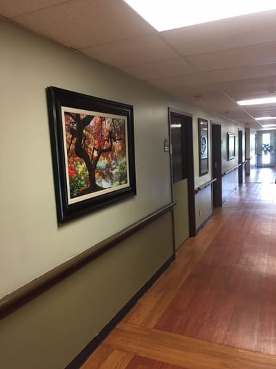 Hallway with framed artwork and wooden flooring