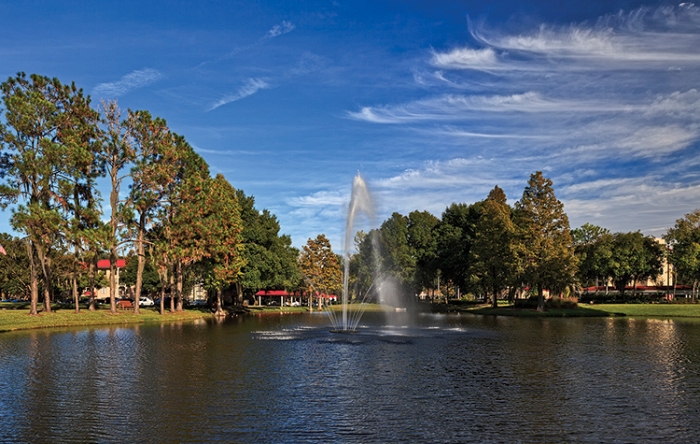 Beautiful outdoor pond with fountain and trees