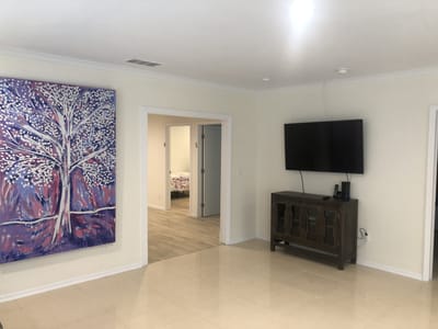 Bright interior space with abstract artwork