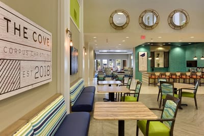 Interior view of a dining area with seating
