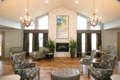 Bright common area with seating and decorative elements