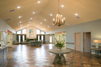 Bright and inviting lobby area of a senior living facility