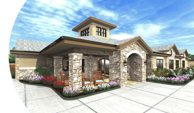 Exterior view of a senior living facility with landscaping