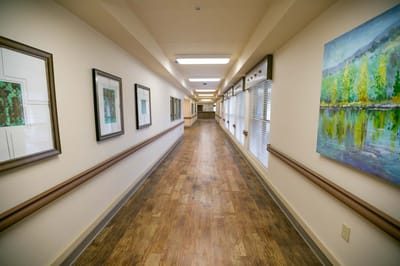 Bright interior hallway with artwork and windows