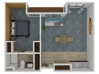 A top-down view of a one-bedroom apartment layout