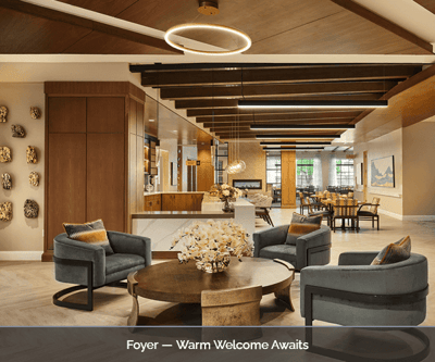 A bright and inviting foyer in a senior living facility