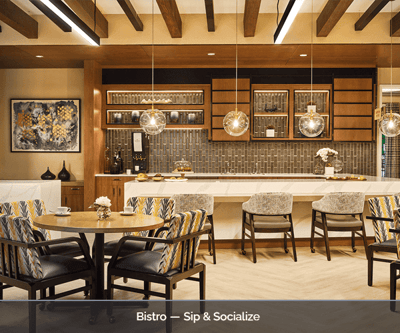 Interior of a bistro area with dining tables