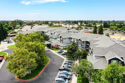 Aerial view of the exterior of the senior living facility