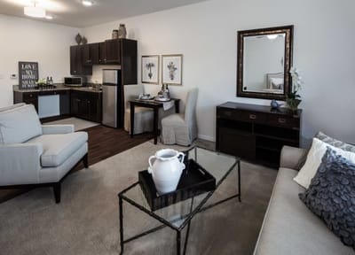 Bright interior of a resident living space with furniture