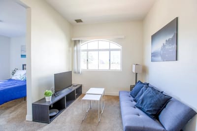 Bright and inviting common area with couch and TV