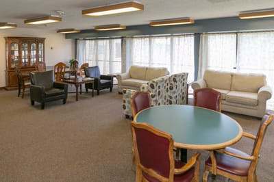 Interior common area with seating and natural light