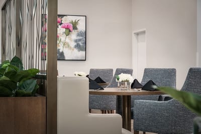 Dining area with elegant decor and seating