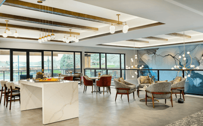 Interior view of a stylish common area with seating
