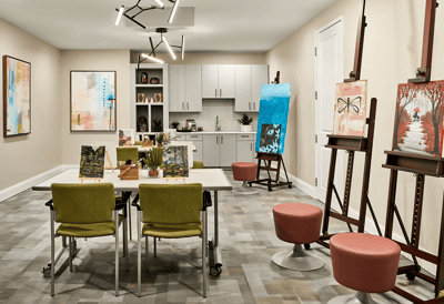 Art activity room with easels and artwork