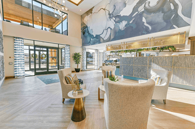 Bright, welcoming common area in a senior living facility