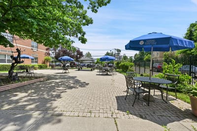 Outdoor seating area with umbrellas in a landscaped courtyard