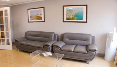Interior view of a common area with seating