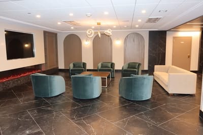 A cozy lounge area with comfortable seating