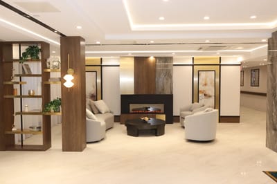 Bright and modern common area with seating