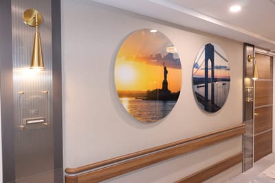 Decorative wall art in a facility hallway