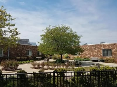Outdoor garden area with seating and trees