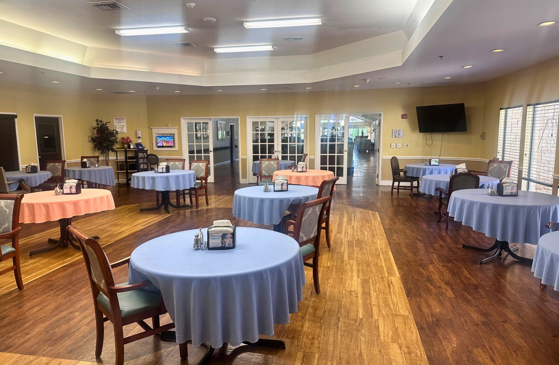 Dining area with tables set for meals