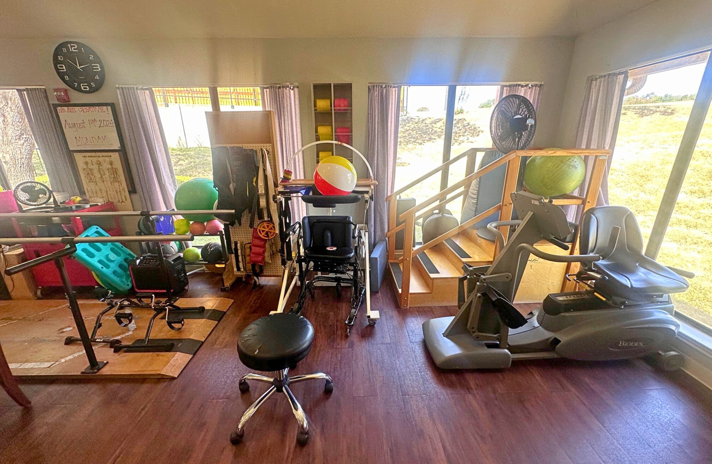 Well-equipped therapy area with exercise equipment