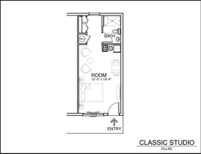 Architectural floor plan of a classic studio apartment