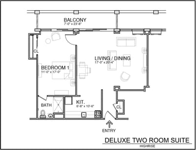 Architectural floor plan of a deluxe two-room suite