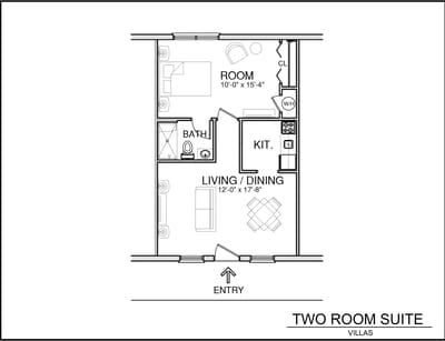 Architectural floor plan of a two-room suite