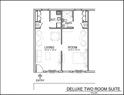 Architectural floor plan of a two-room suite