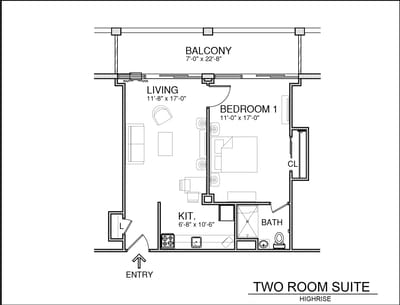 Architectural floor plan of a two-room suite