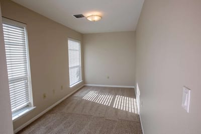 Bright, empty room with carpet and window blinds