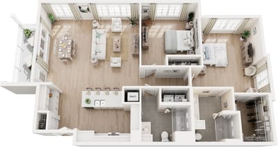 Aerial view of a well-furnished senior living apartment