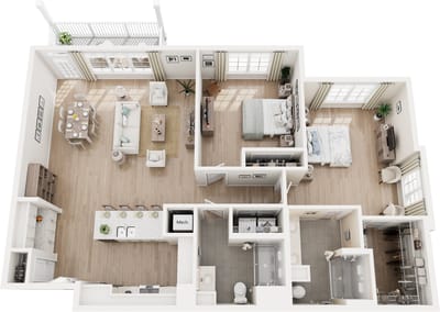 Aerial view of a modern floor plan for a residence