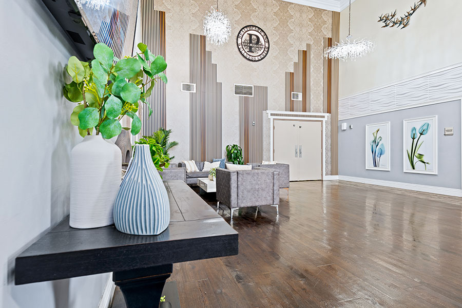 Modern lobby area with seating and decor