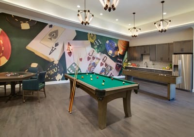 Interior view of a recreational room with a pool table