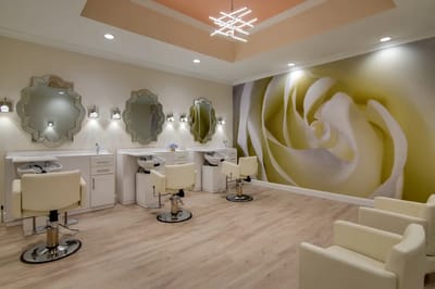 Elegant salon interior with mirrors and modern decor