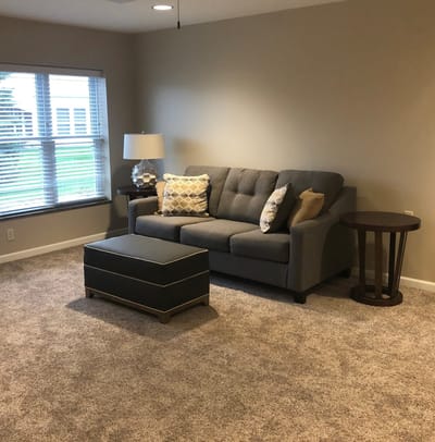 Cozy living room with a gray sofa and lamp