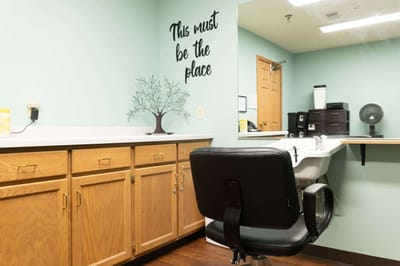 Interior view of a salon chair and countertop