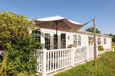 Exterior view of an assisted living facility patio area