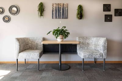 Cozy seating area with a plant and artwork