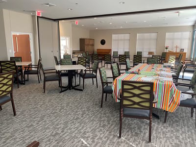 Interior dining area with colorful table settings