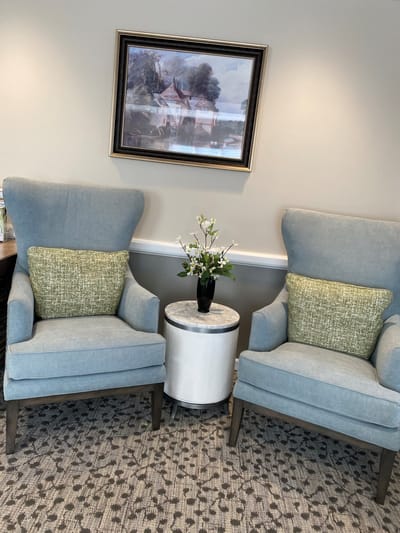 Cozy sitting area with armchairs and a vase of flowers