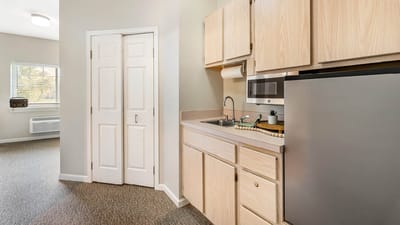 A view of a kitchenette in a senior living space