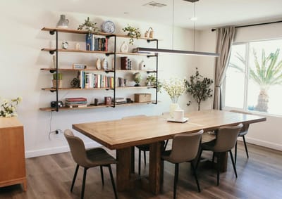 Dining area with wooden table and modern decor