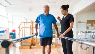 Physical therapy session with a senior and staff member.
