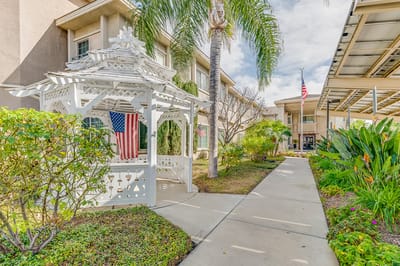 Gazebo and pathway in landscaped outdoor area
