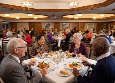 Residents enjoying a meal in the dining room.