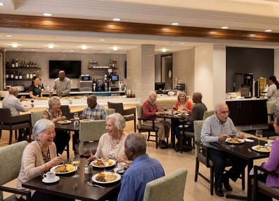 Residents enjoying a meal in a dining area.